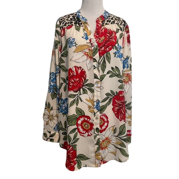 Figueroa & Flower Mixed Print Button Top Womens Large Floral Leopard Boho Tunic - Picture 1 of 7